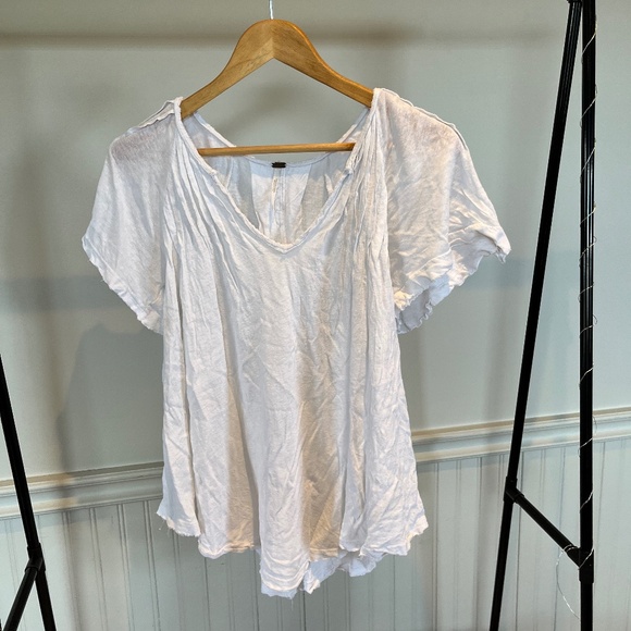 Free People White Short Sleeve V-Neck Linen Flowy Shirt Size XS C001 - Picture 1 of 12